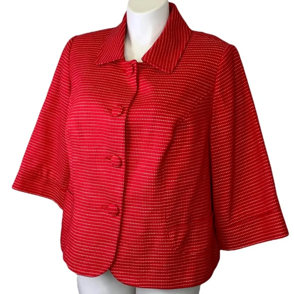 Lane Bryant Red Blazer Jacket Tan Polka Dot Cotton Ruffled 3/4 Sleeves Sz 14